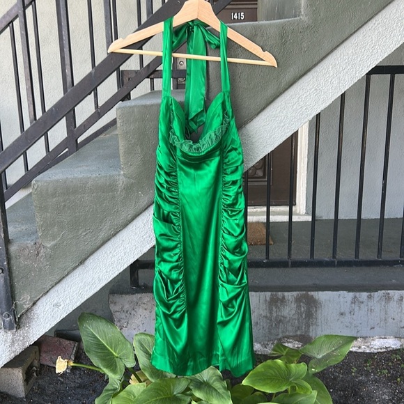 Betsey Johnson Vintage Green Ruched Halter Mini Dress Wedding Guest Formal Sz 4 - Picture 1 of 10
